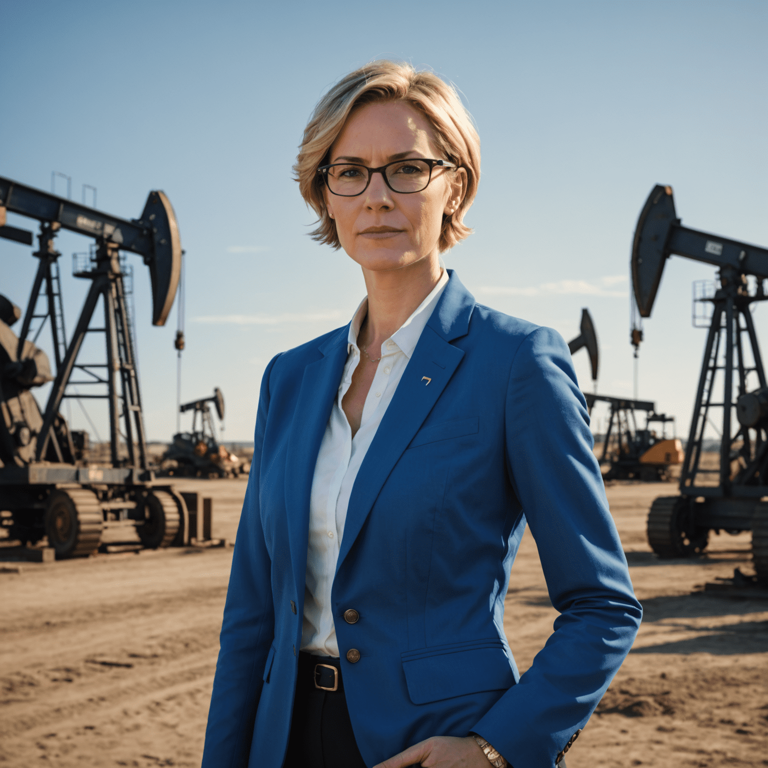 Sarah Thompson, an experienced oil trader with short blonde hair and glasses, wearing a professional blue blazer, standing in front of oil field equipment