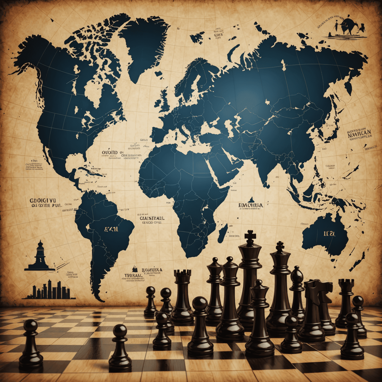 Illustration of global oil market with oil barrels, stock charts, and key players represented as chess pieces on a world map background