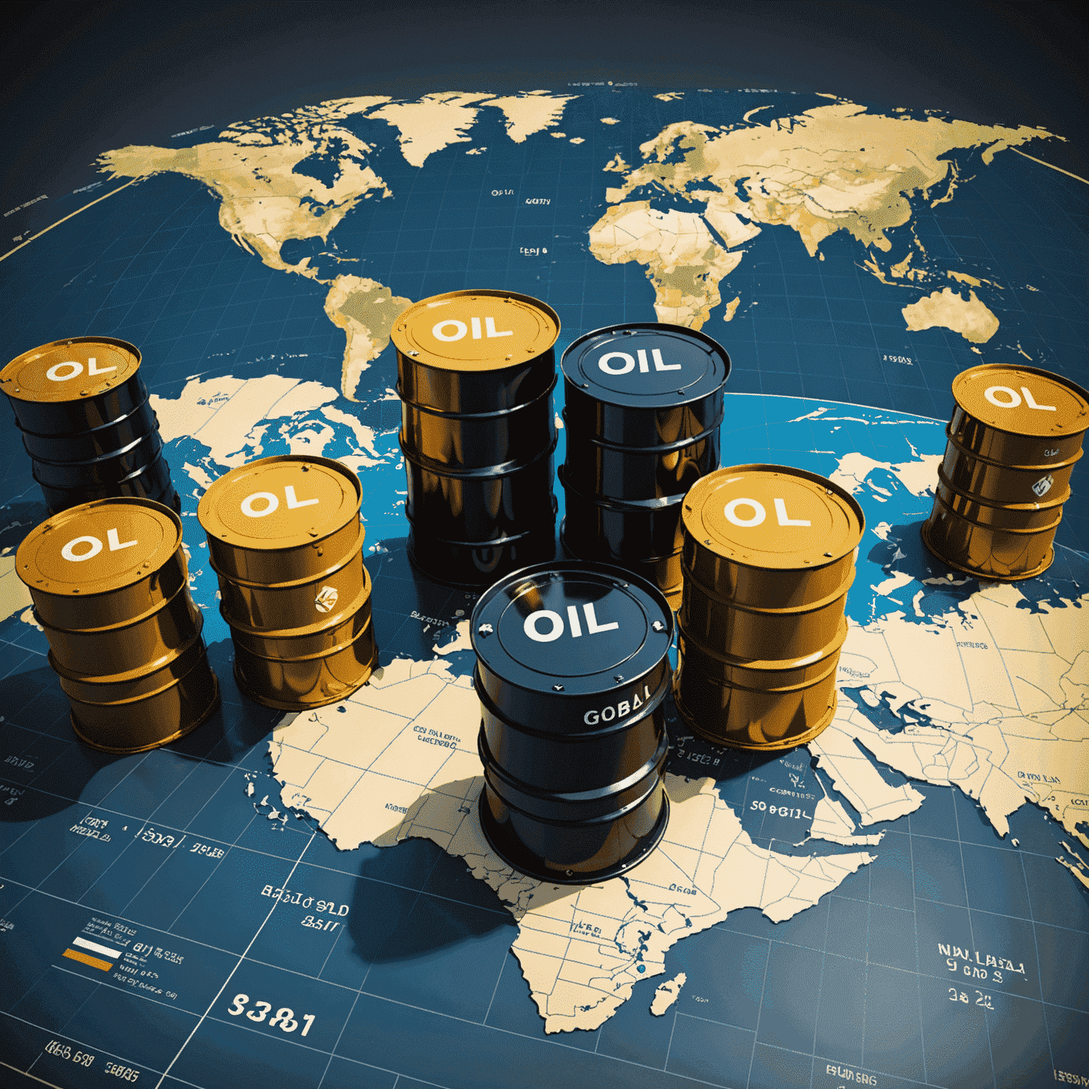 Global oil market visualization showing oil barrels, price charts, and major oil-producing countries