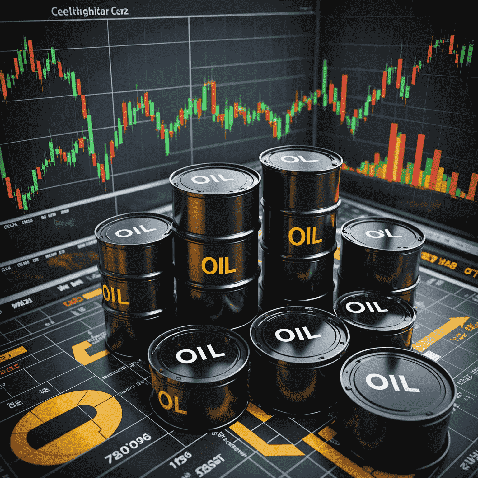 Oil trading concept image showing oil barrels, stock charts, and trading terminals