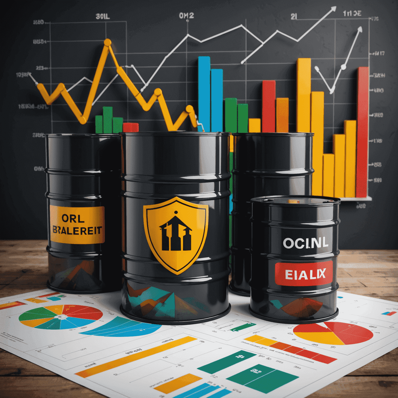 Oil trading risk management concept showing oil barrels, financial charts, and protective shield icons