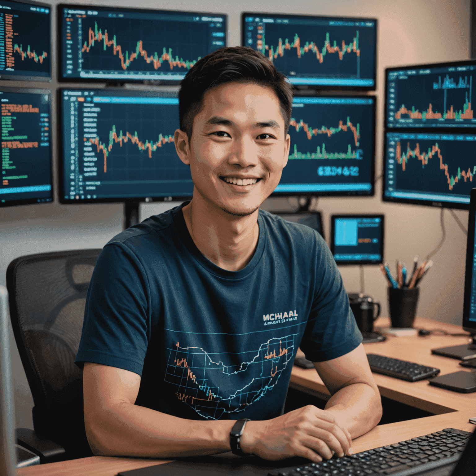 Michael Chen, a software engineer with a friendly smile, wearing a casual tech company t-shirt, sitting at a desk with multiple computer screens displaying code and oil price charts