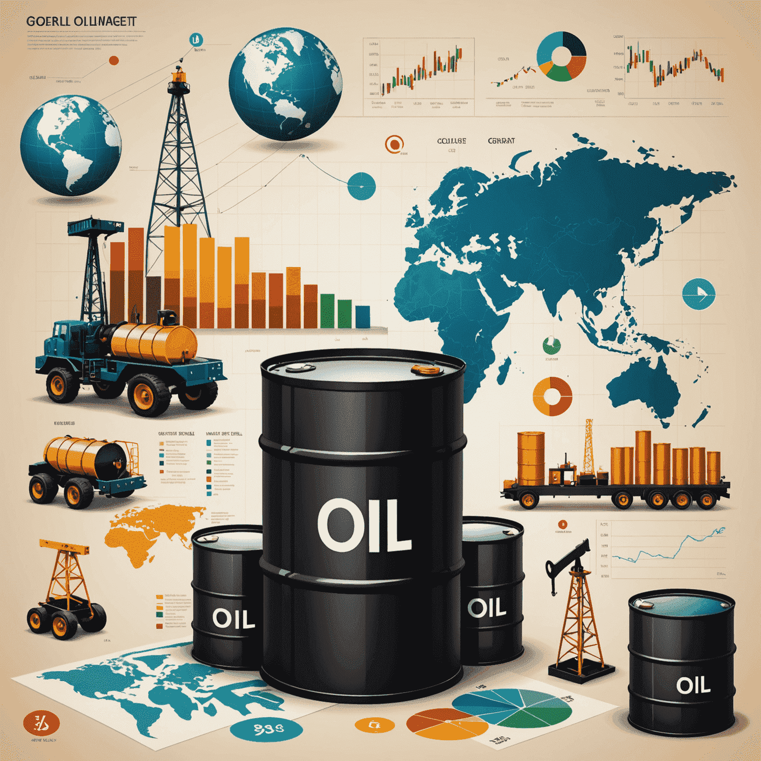 Illustration of global oil market with oil barrels, stock charts, and key industry players represented by icons