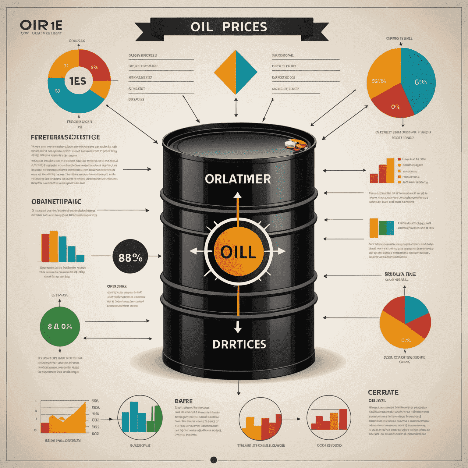 Infographic showing various factors affecting oil prices with arrows pointing to a central oil barrel