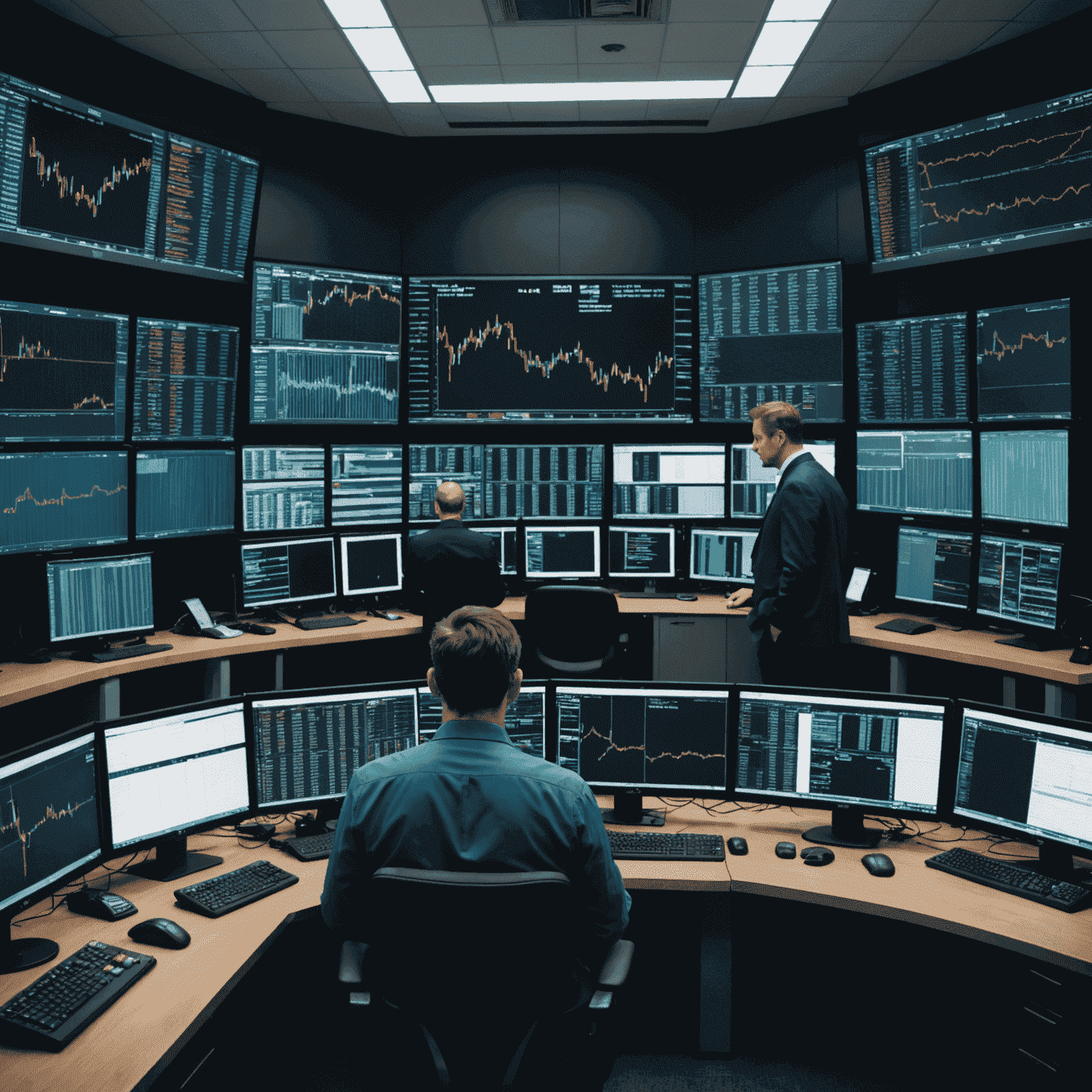 A split-screen image showing a calm trader monitoring automated systems on one side, and a chaotic trading floor on the other, highlighting the contrast between automated and manual trading