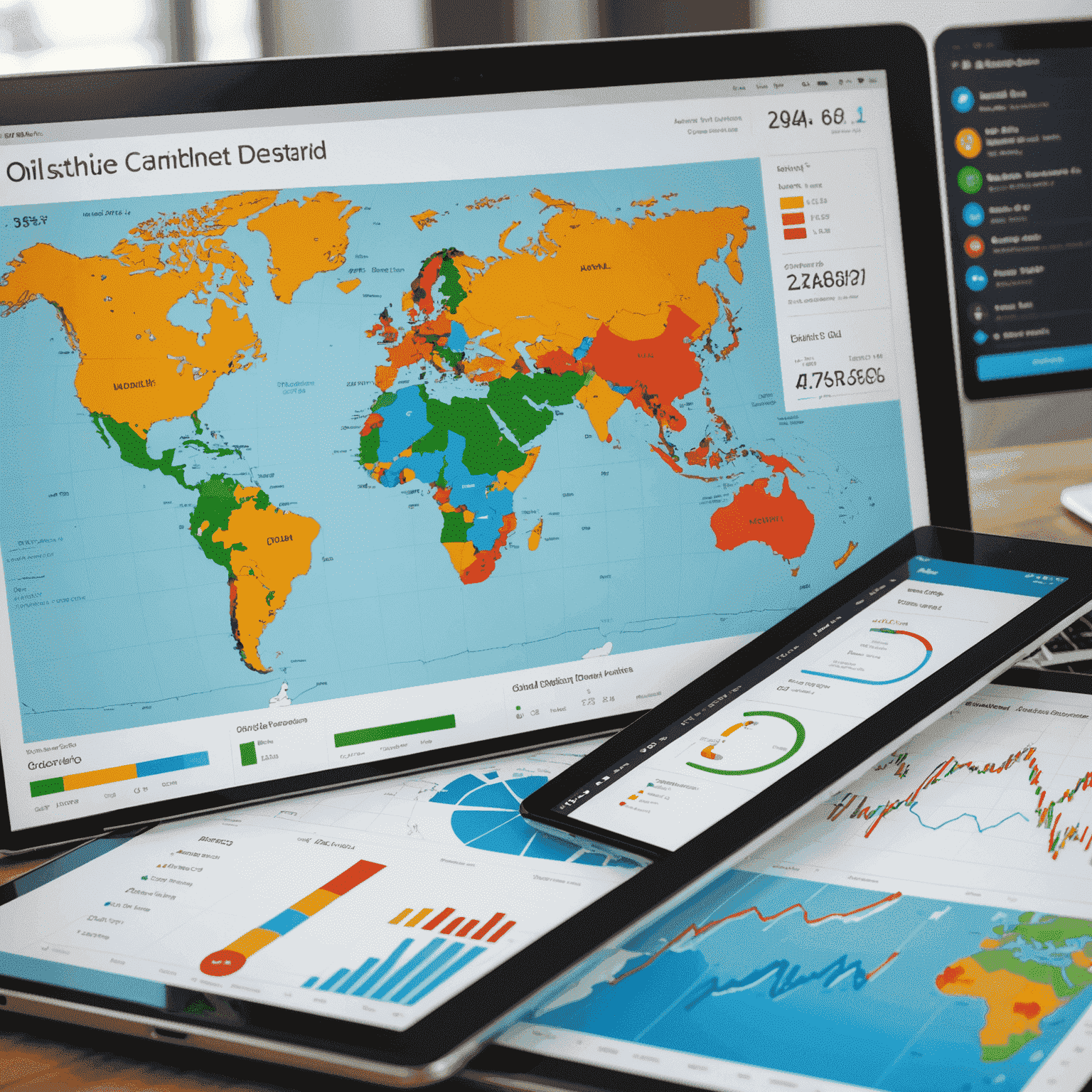 Dashboard showing oil supply and demand metrics with colorful graphs and global map overlay