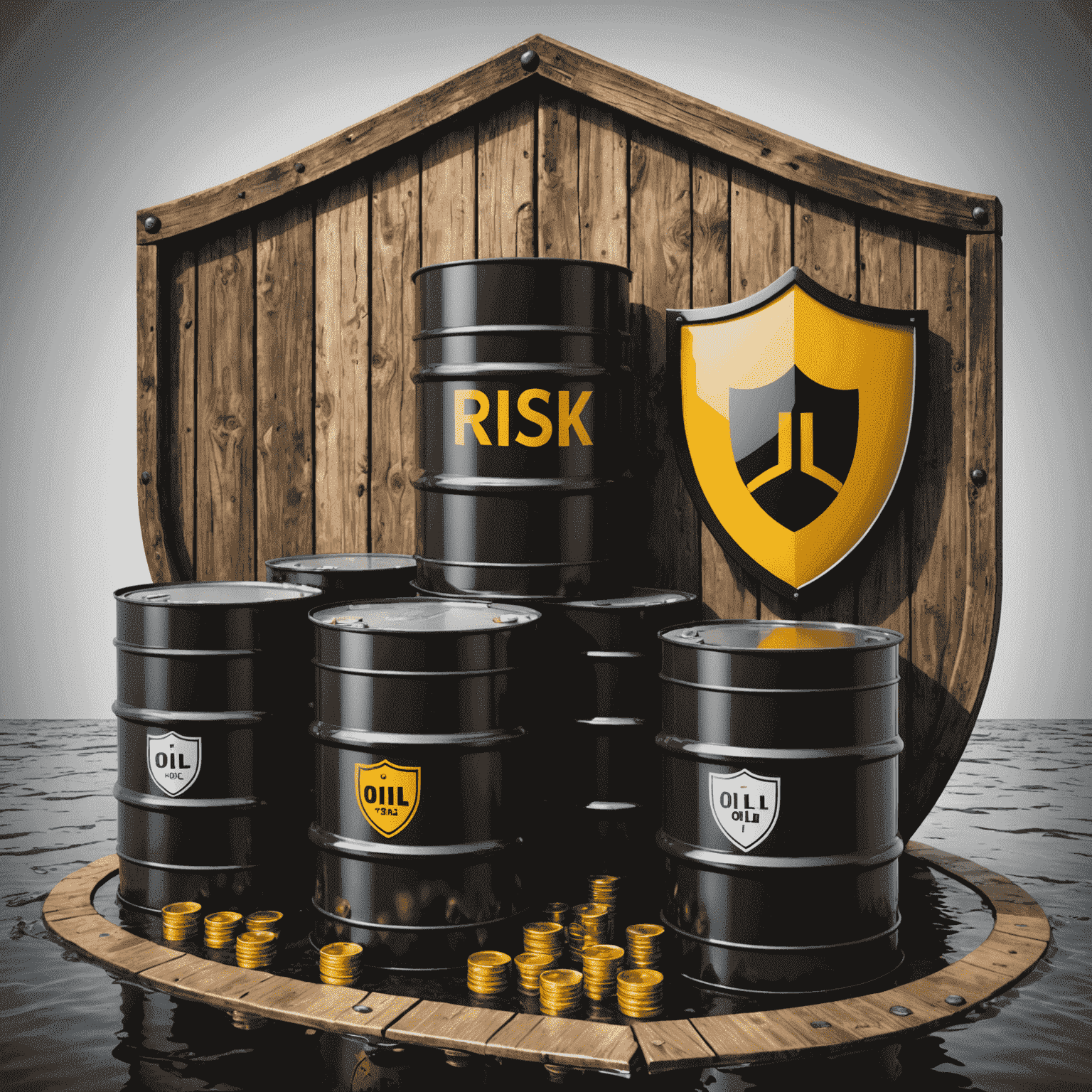 Abstract representation of risk management in oil trading with a shield protecting oil barrels from various market threats