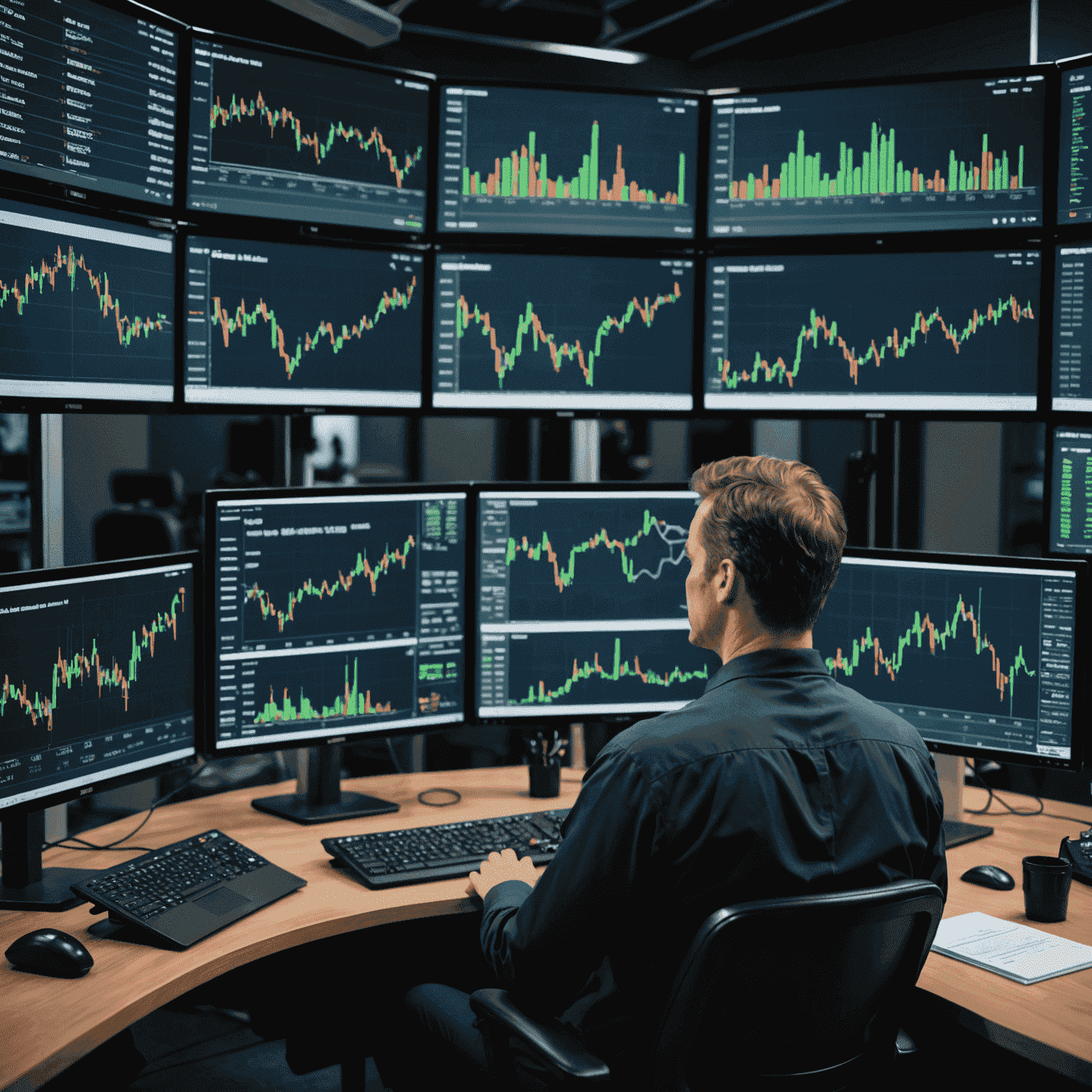 A trader analyzing oil market charts on multiple screens with oil derricks in the background