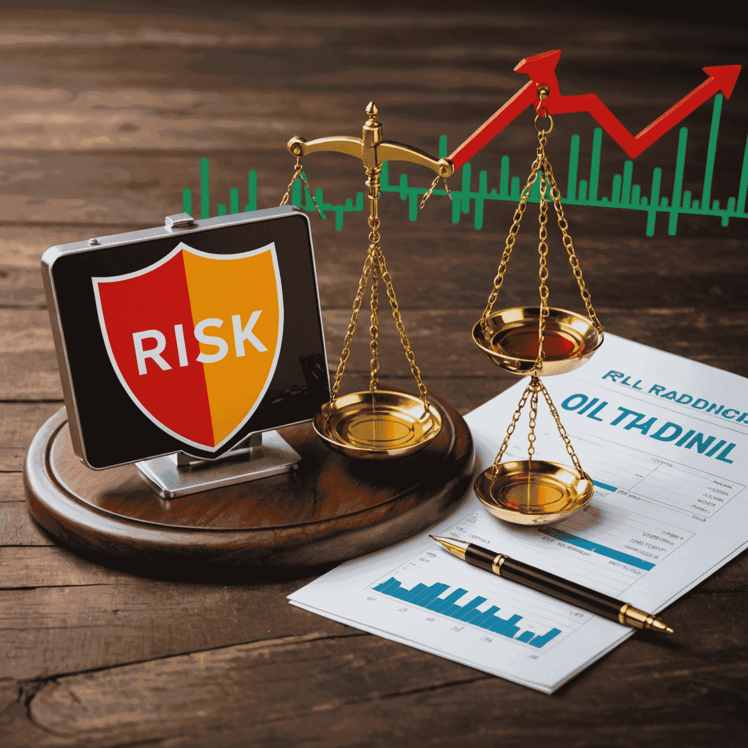 Conceptual image of risk management in oil trading with shield icon, balance scales, and oil price chart