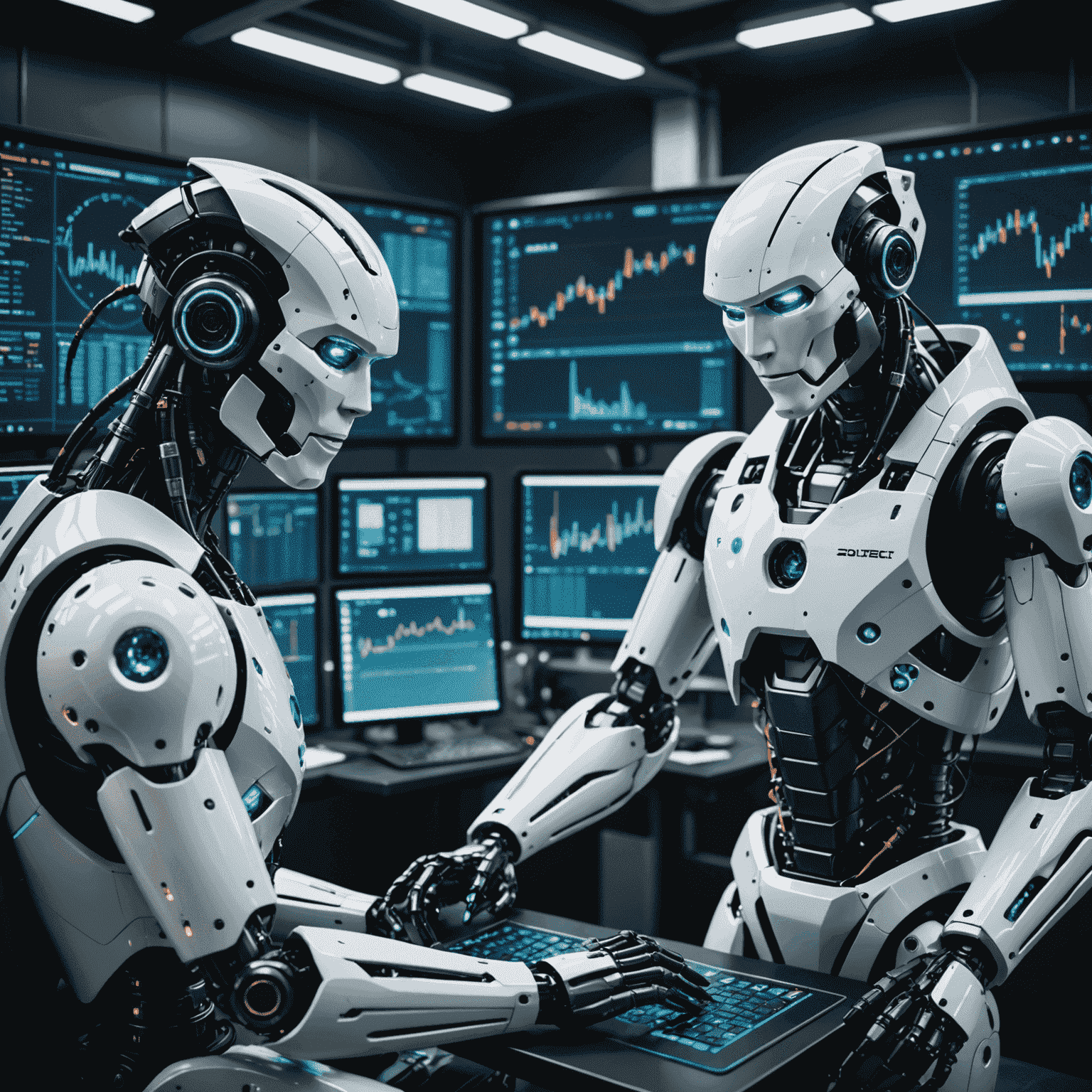 Futuristic interface showing automated oil trading systems with robots analyzing market data and executing trades